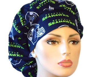 Seattle Seahawks Fabric-Bouffant Scrub Hat-Scrub Caps-Women's Scrub Hat-SilverCaps-Medical Scrub Hat-Scrub Caps-Seahawks Scrub Hat-Surgical