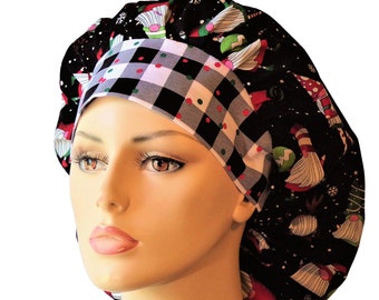 Christmas Gnome's-Scrub Hats-Gnome's with a Check Headband-Women's Scrub Hats-Bouffant Scrub Hat-SilverCaps-Scrub Caps-Medical Scrub Hat