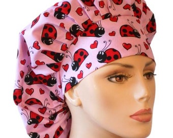 Scrub Hats/Happy Ladybugs on Pink/Medical Bouffant Scrub Hat/Happy Ladybugs with a Matching Headband/ Womens Scrub Hat/SilverCaps/Surgical