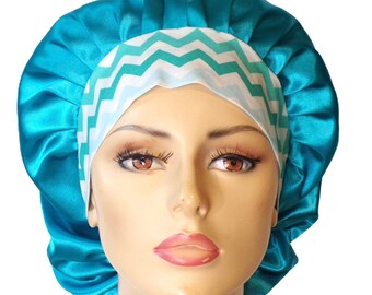 Satin Bouffant/Turquoise Satin Scrub Cap/Womens/Sleeping Bonnet/Satin with a Chevron Cotton No Slip Headband/Beauty Bonnet/Anastasia Hat