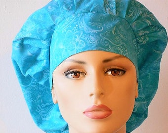 Scrub Hats /Turquoise Blue Floral /Womens Bouffant /Scrub Hats with a Matching Headband/ USA/Medical Scrub Hats/Vet Scrub Cap