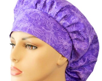 Scrub Hat-Bouffant Scrub Hat-Purple Dragonflies Scrub Hats-Women's Scrub Hat-Scrub Cap-Etsy Scrub Hats-Bouffant Hat-Medical Hats-SilverCaps-