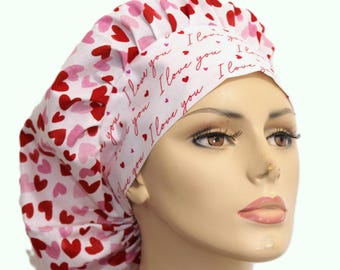Scrub Hat-Medical Hearts- "I Love You"-Holiday Scrub Hats-Medical Scrub Hat-Women's Scrub Hat-Cardiologist Scrub Hat-Heartbeats Surgical Cap