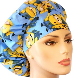 Scrub Hat-Blue Minions Fabric-Surgical Women&#39;s Bouffant Scrub Hat-Minions Indispicable Me Fabric-Blue Scrub Hats-Pediatric Scrub Cap-Medical