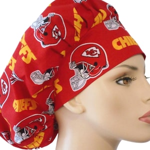 Scrub Caps-Kansas City Chiefs Fabric-Bouffant Scrub Hat-Kansas City Chiefs NFL Scrub Hat-Scrub Hats-Medical Scrub Hats-Womens Scrub Hats
