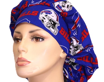 Buffalo Bills Fabric-Bouffant Scrub Hats-Women's Scrub Hats-Medical Scrub Hats-SilverCaps-Buffalo Bills Scrub Hats-Sports Scrub Cap-Football