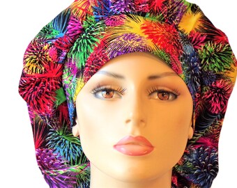 Scrub Hats-Fireworks Display-Bouffant Scrub Hats-Patriotic Fireworks-Holiday Scrub Hats-Labor Day-Scrub Caps-SilverCaps-Womens Scrub Hats