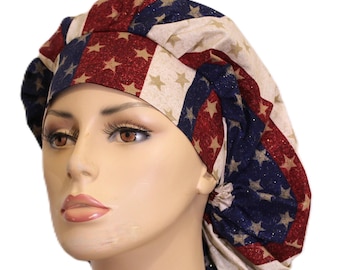 Patriotic Red, White and Blue Scrub Hat-Bouffant Scrub Hats-Women's Scrub Hats-Holiday-Surgical Scrub Hats-Stars and Stripes Gold Glitter