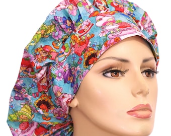Scrub Hats-Strawberry Anime Cartoon Fabric -Bouffant Scrub Caps-Medical Scrub Hat-Character Scrub Cap-Strawberry Anime Shortcake Blue