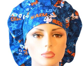 Olaf Scrub Hats-Olaf Fabric-Snowman I Love Warm Hugs-Women's Scrub Hats-Bouffant Scrub Hat/SilverCaps-Surgical Scrub Cap-Medical Scrub Caps