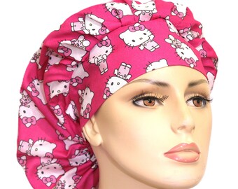 Pink Kitty Fabric-Bouffant Scrub Hat-Hello Kitty Pretty in Pink Scrub Hat-Veterinarians Scrub Hat-Anesthesia Scrub Hat-Women's Scrub Cap