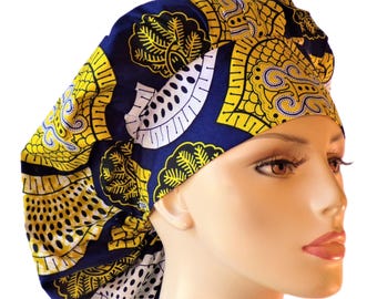 Scrub Hats/Satin Lining Ankara Scrub Hat/Bouffant Scrub Hat/Women's Scrub Cap/Yellow Satin Lining/Nursing Scrub Hats/Hair Protection