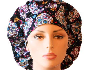 Scrub Hats-Folkloric Skulls Fabric-Bouffant Scrub Hat-Scrub Caps-Medical Scrub Hat-Womens Scrub Hat-SilverCaps-Matching Headband-Skulls