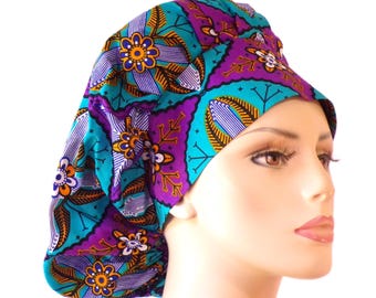 African Inspired-Turquoise and Purple Orbs-Bouffant Scrub Hat-Women's Bouffant Cap-African Print Fabric-Scrub Hats-Medical Cap-Surgical Hats