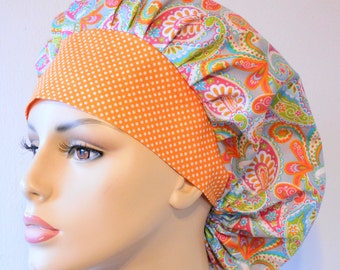 Scrub Hats-Orange Paisley Swirl on a Gray-Tiny Orange Polka Dot Headband Womens Bouffant Scrub Hat-Medical Scrub Hats-