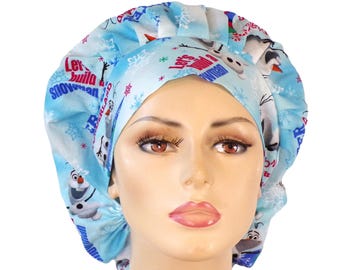 Scrub Hats-Olaf Fabric-Women's Scrub Hats-Bouffant Scrub Hats-SilverCaps-Medical Scrub Hat-Winter Hats-Olaf Scrub Hats-Christmas Character
