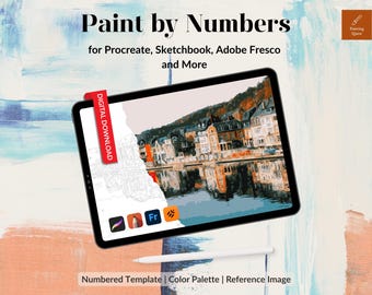 Kit de pintura por números Cidade Velha de Dinant, Bélgica, página para colorir digital no Procreate para adultos