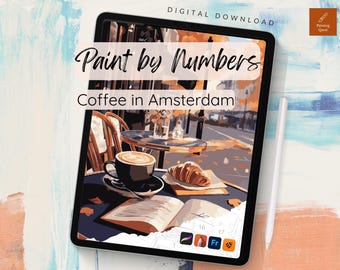 Café em Amsterdã - Livro de colorir Procreate para pintar por números (download digital)