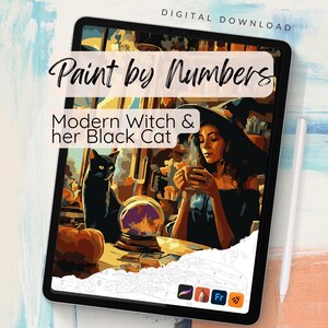 Könnte beinhalten: Digitaler Download eines Malen-nach-Zahlen-Sets mit einer modernen Hexe und ihrer schwarzen Katze. Das Bild zeigt eine Frau mit Hexenhut, eine schwarze Katze, einen Kürbis und eine Kristallkugel. Der Text "Paint by Numbers" steht oben.
