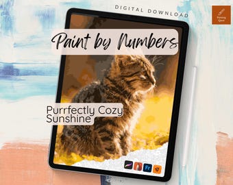 Kit de pintura digital por números de gatinho no outono para Procreate, Sketchbook - Download digital
