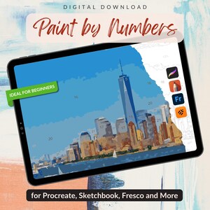 May include: Digital paint-by-numbers design displayed on a tablet. The image features a cityscape with a tall skyscraper, numbered sections, and the text "Paint by Numbers." Includes the text "Ideal for Beginners" and "for Procreate, Sketchbook, Fresco and More."