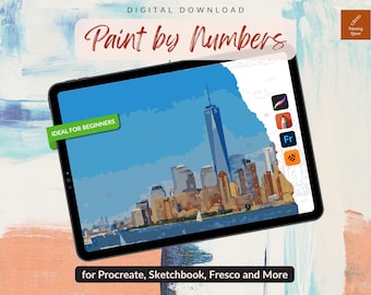 Página para colorir do horizonte de Manhattan em Nova York com números no Procreate (download digital)