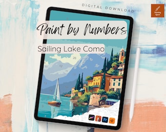 Kit de pintura por números para adultos "Velejando no Lago Como, Itália" para Procreate (Download Digital)