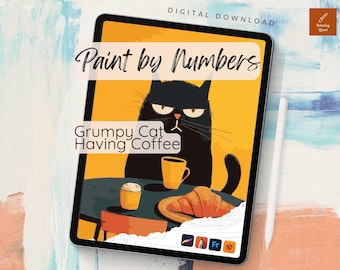 Kit para colorir para adultos "Gato Rabugento Tomando Café" com pintura por números para Procreate (Download Digital)