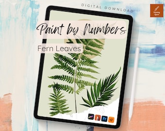 Folhas de samambaia - Kit de pintura por números para colorir Procreate para adultos (download digital)