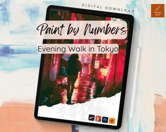 Kit de pintura por números da Rua Chuvosa de Tóquio: Página para colorir no Procreate (download digital)