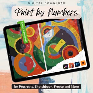 May include: A digital Paint by Numbers design on a tablet, featuring colourful geometric shapes with numbered sections. The tablet displays the text "IDEAL FOR BEGINNERS" and "for Procreate, Sketchbook, Fresco and More".