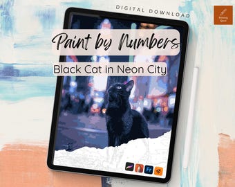 Gato Preto em Neon City - Desenho para Colorir Procreate Adultos (Download Digital)