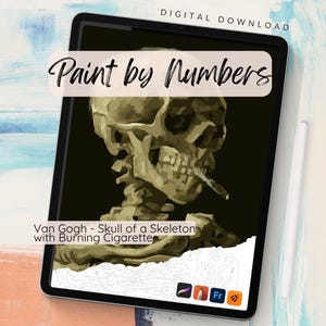 Op de afbeelding: Digitale download van een "Schilderen op nummer"-kit met Van Goghs "Schedel van een skelet met brandende sigaret". De afbeelding toont een schedel met een sigaret in de mond, weergegeven op een tablet.