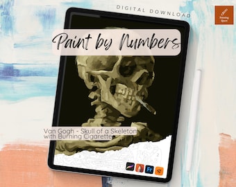 Kit de pintura por números do esqueleto de Van Gogh para Procreate, página para colorir digital de arte moderna impressionista