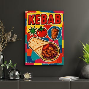 Poster collage pop art turco Kebab - Arte murale colorata con cibo mediorientale, arredamento per cucina massimalista, stampa digitale