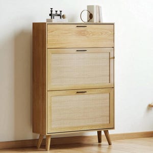 Rattan Shoe Storage Cabinet with Flip Drawers, Slim Freestanding Shoe Rack Organizer with Wood Legs for Entryway, Hallway & Living Room