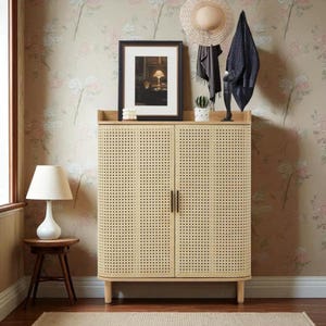 Boho Wooden Shoe Cabinet, 5-Tier Entryway Storage with Iron Rattan Doors, Adjustable Shelves, Curved Door Organizer Rack