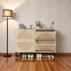 Modern Rattan Shoe Cabinet with 2 Flip Drawers, Narrow Entryway Shoe Storage, Slim Hidden Corridor Organizer Rack Unit