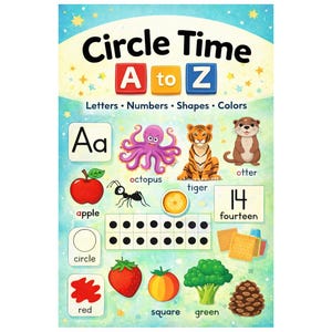 Könnte beinhalten: Lehrreiches Poster "Circle Time" mit Alphabet, Zahlen, Formen und Farben. Enthält Illustrationen eines Apfels, eines Oktopus, eines Tigers, eines Otters und anderer Objekte. Enthält den Text "A to Z" und "Letters, Numbers, Shapes, Colors".