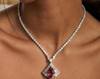 Pink Gemstone Round Cut Diamond Drop Necklace, Moissanite Tennis Necklace, Women's Wedding Necklace, Stunning Necklace