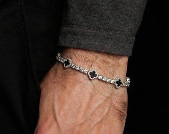 クローバー テニスブレスレット ホワイトゴールド、CZ ラッキーチャームジュエリー、ガールフレンドへのギフト、ユニークなキラキラブレスレット メンズ、スチールジュエリー、カップルブレスレット