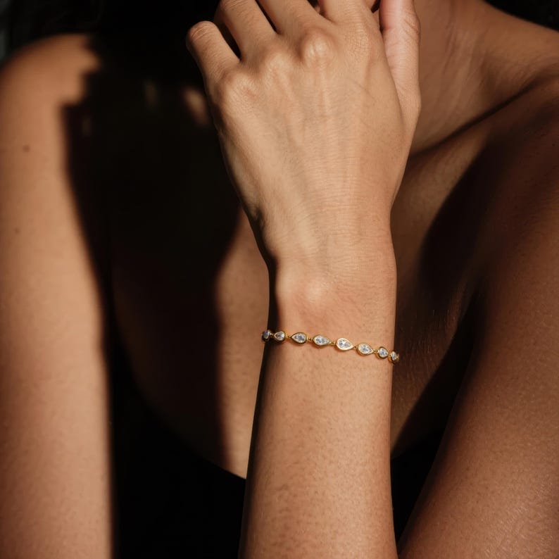 18K Gold Geometric Bracelet ,14k Gold Bezel Lab Diamond Bracelet, Tennis Bracelets ,Birthday Gift, Valentine's Day gift image 2