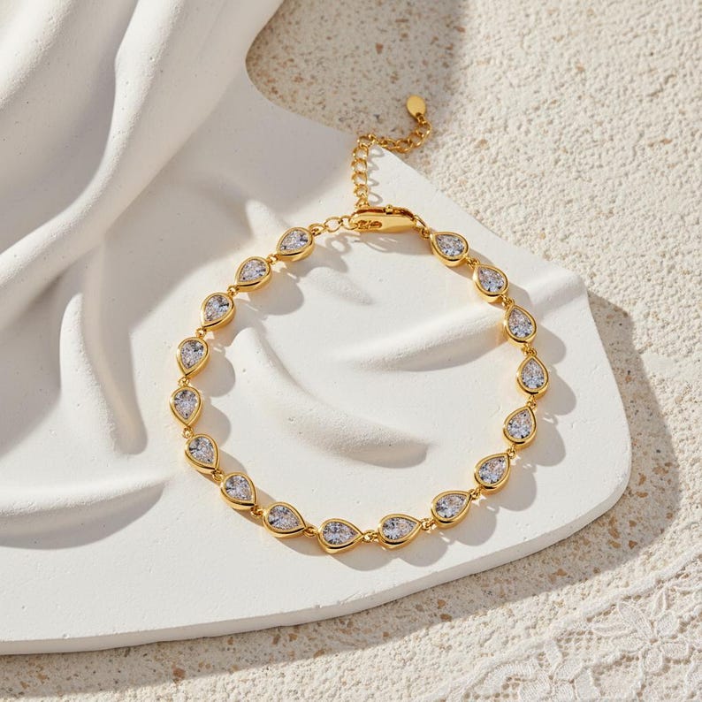 18K Gold Geometric Bracelet ,14k Gold Bezel Lab Diamond Bracelet, Tennis Bracelets ,Birthday Gift, Valentine's Day gift style 3