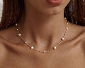 14Kゴールドの繊細なパールネックレス、淡水パールネックレス、チェーンネックレス、パールジュエリー、メイド・オブ・オナーギフト