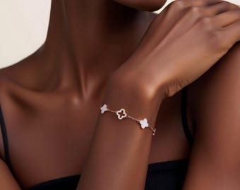 Sterling Silver Moissanite Clover Bracelet, Lucky Charm Gift