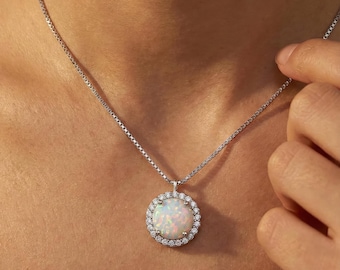 925 Sterling Silver Vintage Opal Necklace | Dainty Opal Pendant Necklace | October Birthstone Jewelry for Women | Christmas gift