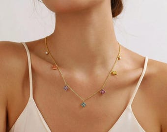 Sterling Silver Colorful Clover Necklace, Lucky Charm Gift, Adjustable Collarbone Chain, Valentine's Day gift, Perfect Gift for Women