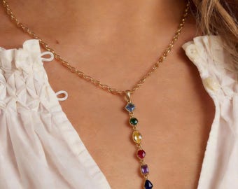 Rainbow Gemstone Drop Necklace, Gold Plated Collarbone Chain