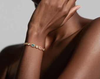 14Kヴィンテージゴールドクリスタルブレスレット、ステートメントブライダルジュエリー、彼女への記念日の贈り物、彼女へのバレンタインデーの贈り物に最適