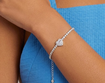 Heart 925 Sterling Silver Tennis Bracelet, Diamond Cz Jewelry, Statement Bracelet, Bridal Wedding Jewellery, Valentine's Gift